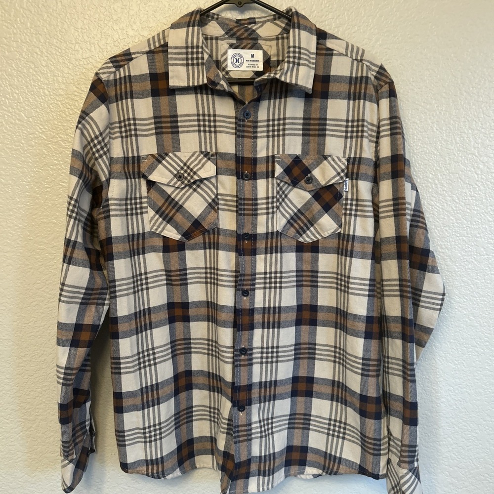 Hurley Shirt Men Medium Brown Blue Flannel Skater Streetwear Plaid Classic Fit